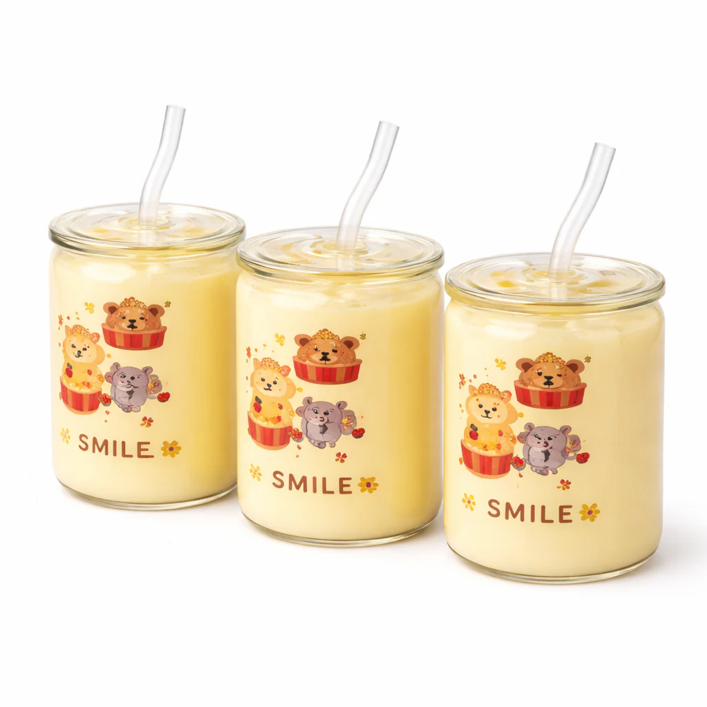1 Pc Cute Cartoon Glass Mug Tumbler with Straw & Lid – Smile Bear Design Drinking Cup