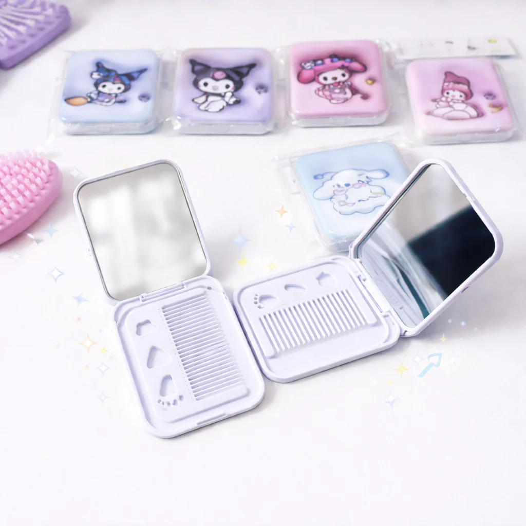 1 PC Kids Cartoon Comb Plus Mirror Set – Cute Portable Folding Hair Brush with Compact Mirror for Girls (Assorted)