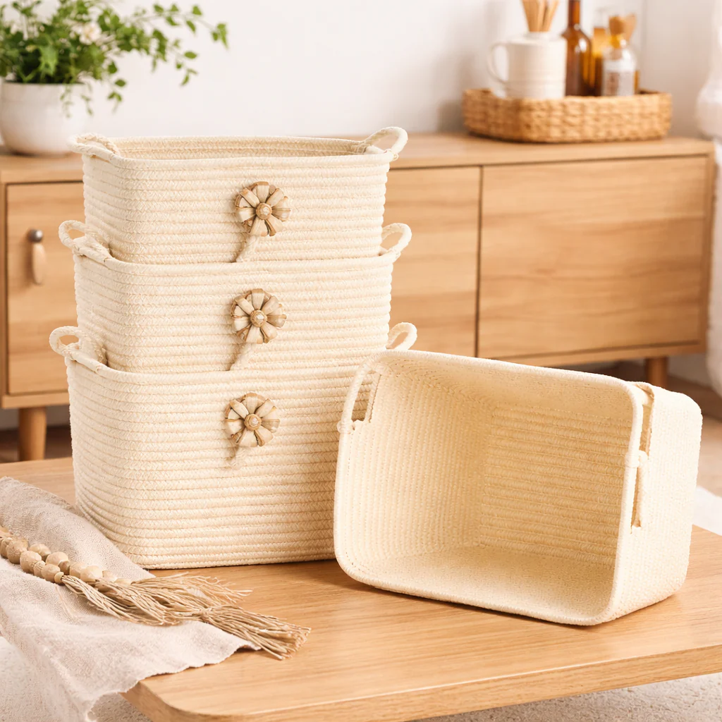 1 Pc Rectangular Cotton Rope Storage Basket with Flower Design – Decorative Organizer with Handles for Kitchen & Home