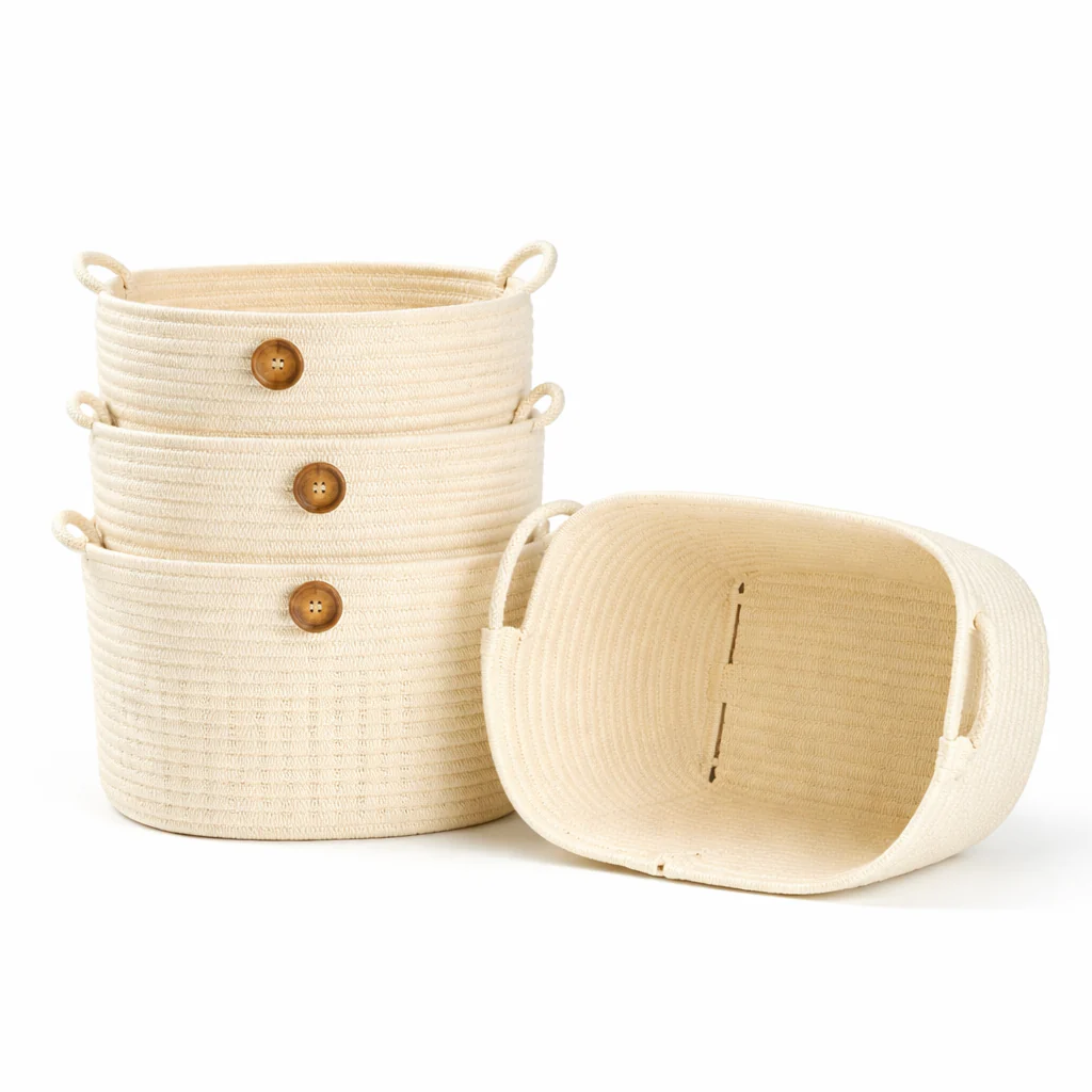 1 Pc Small Circular Cotton Rope Storage Basket with Flower Design – Decorative Organizer with Handles for Kitchen & Home
