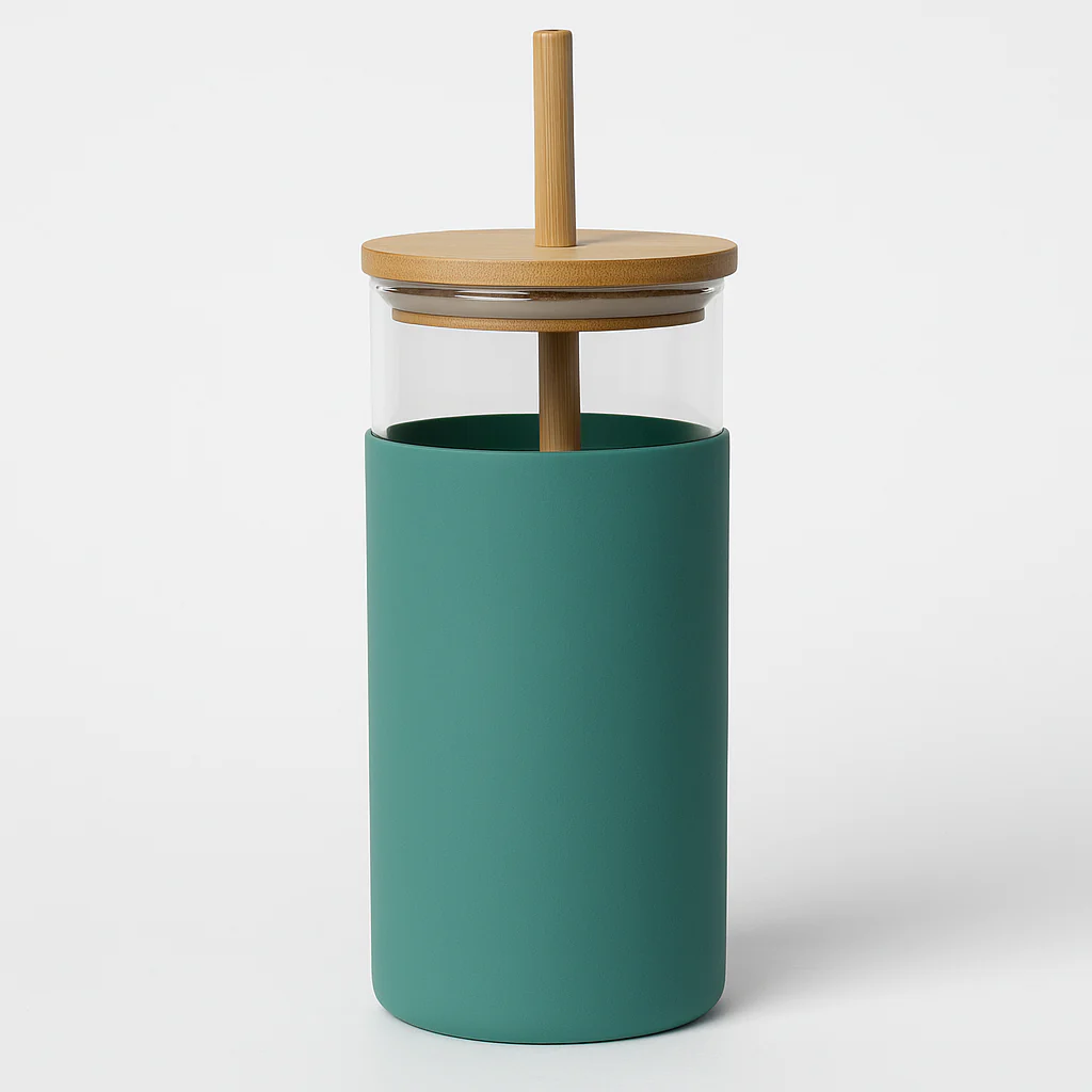 1Pc 500ml Straw Glass Bottle – Reusable with Wooden Lid & Silicone Sleeve (Green, Pink, Blue, Beige) - Image 3