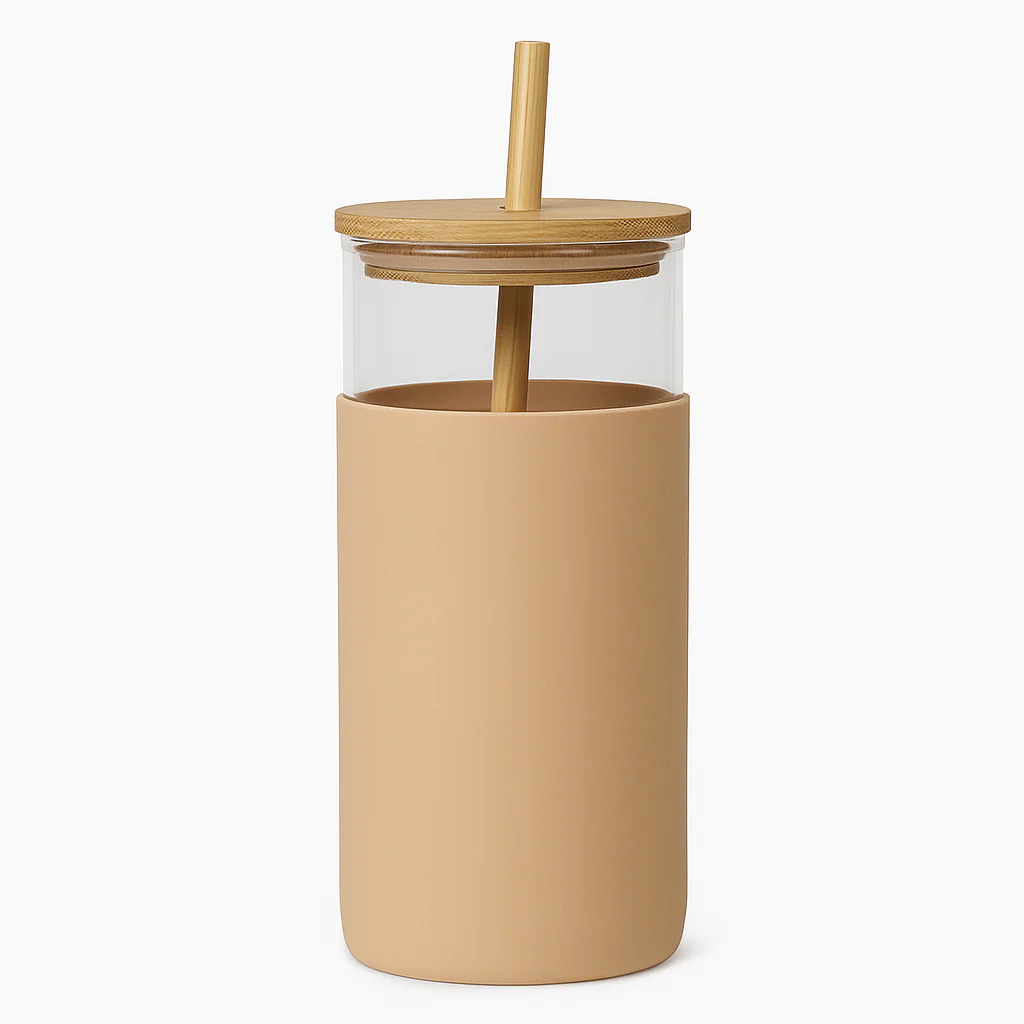 1Pc 500ml Straw Glass Bottle – Reusable with Wooden Lid & Silicone Sleeve (Green, Pink, Blue, Beige) - Image 4