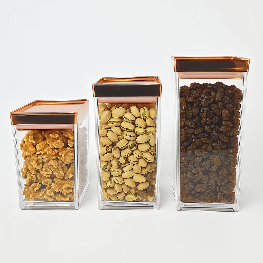 1Pc Acrylic Jar – Small, Medium & Large | Transparent Storage Container with Rose Gold Lid
