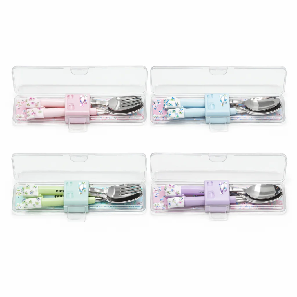 1Pc Assorted Kids Hello Kitty Style Cutlery Set – Portable Spoon & Fork Set with Storage Case