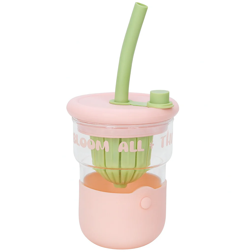 1Pc Cute Flower Glass with Straw & Lid – 1 Pc Drinking Cup (Purple, Blue, Pink, Green) - Image 2