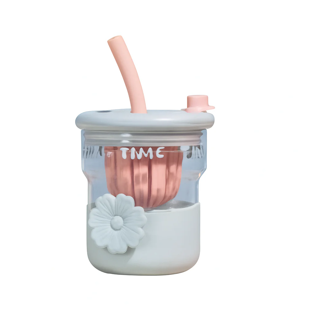 1Pc Cute Flower Glass with Straw & Lid – 1 Pc Drinking Cup (Purple, Blue, Pink, Green) - Image 3