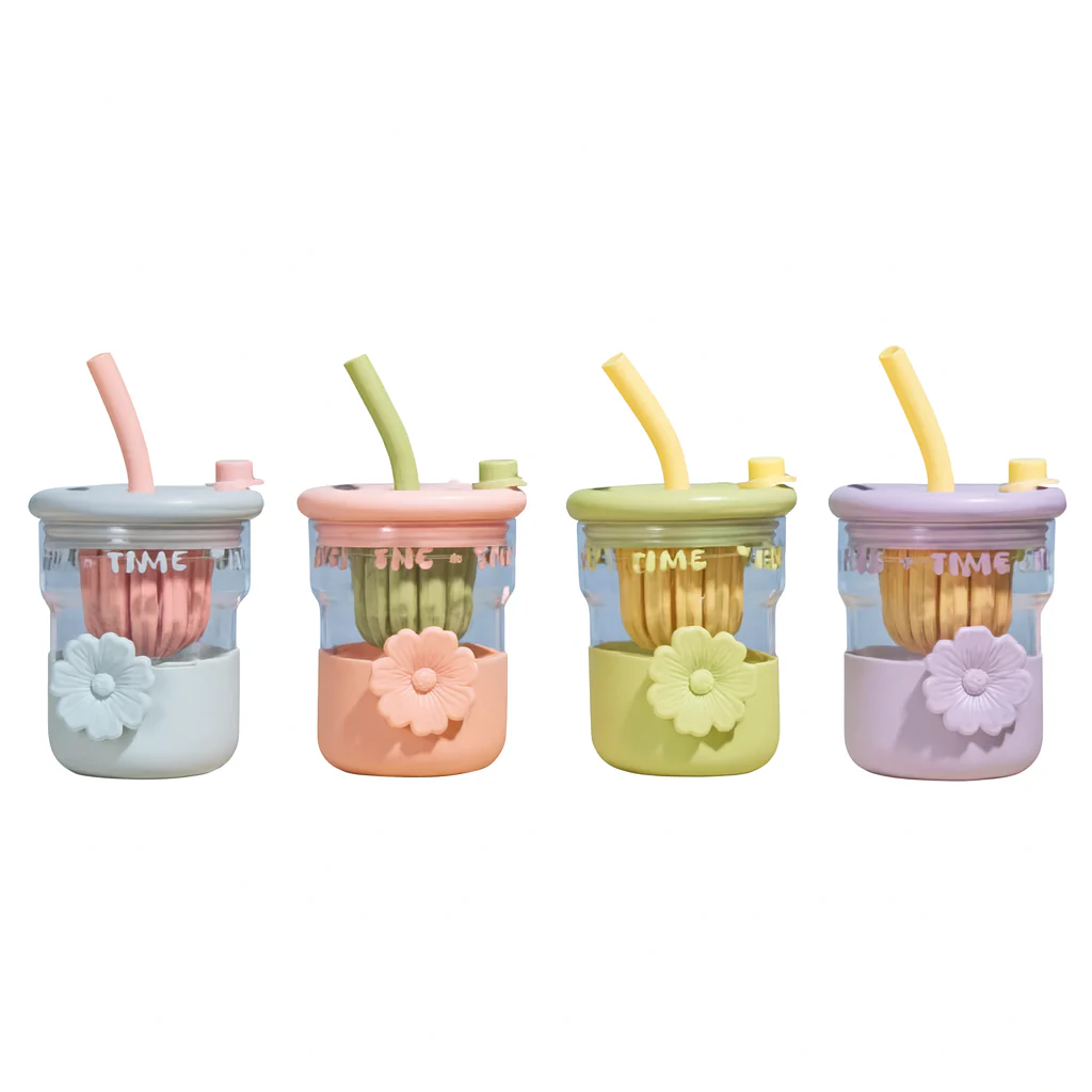1Pc Cute Flower Glass with Straw & Lid – 1 Pc Drinking Cup (Purple, Blue, Pink, Green) - Image 5