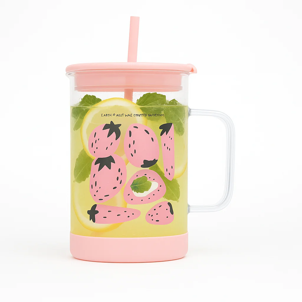 1Pc Cute Printed Glass with Handle & Straw – Drinking Cup - Image 2