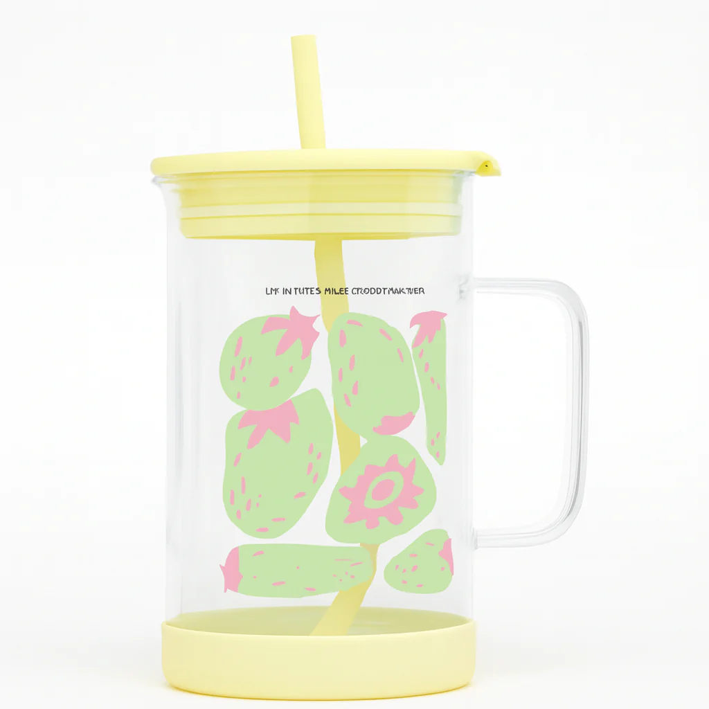 1Pc Cute Printed Glass with Handle & Straw – Drinking Cup - Image 7