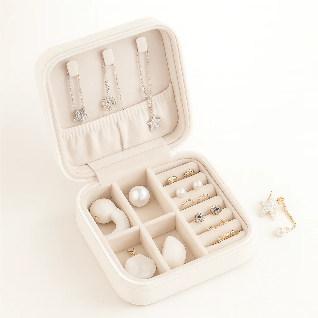 1Pc Elegant Travel Jewelry Box Organizer White – Compact PU Leather Storage Case for Earrings, Rings & Necklaces - Image 3