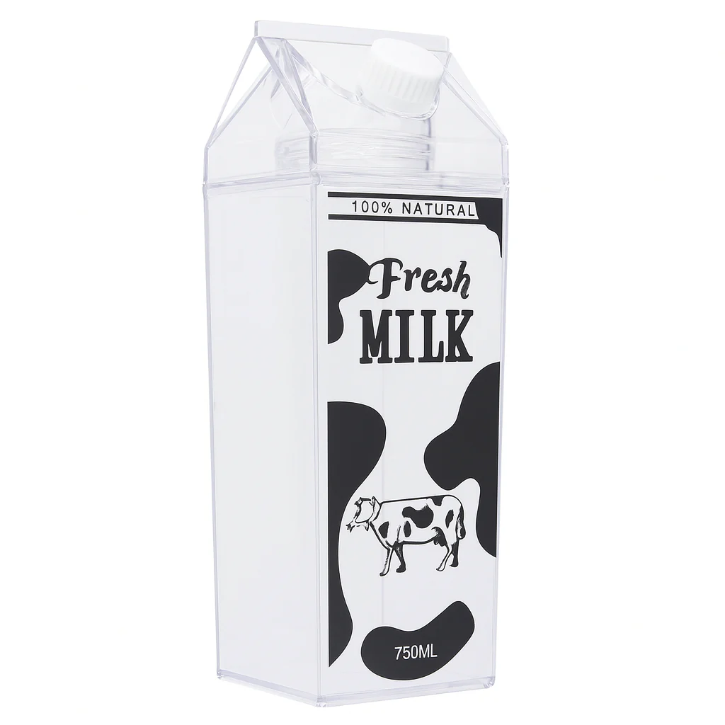 1Pc Milk Bottle 750ml – Transparent Plastic Carton-Style Bottle with Lid