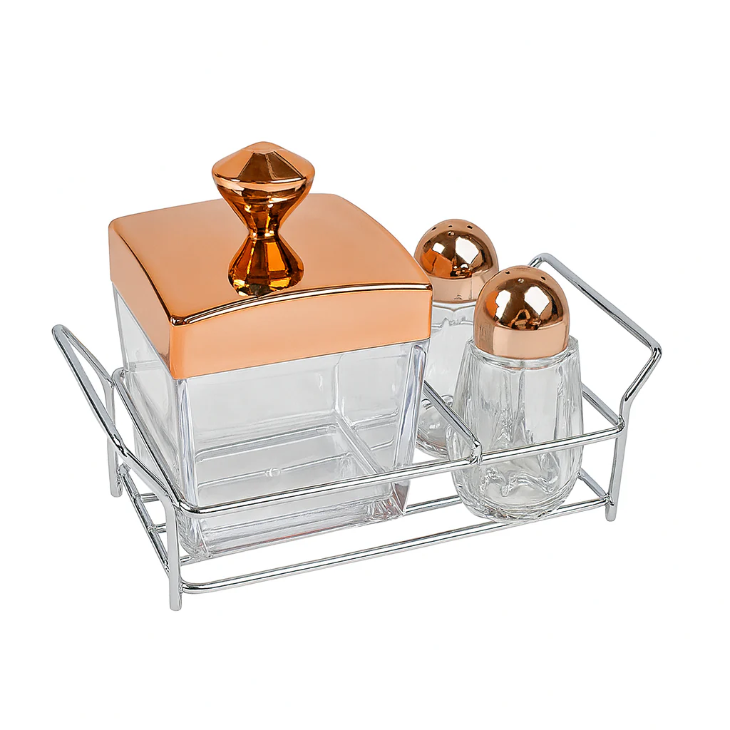 1Pc Salt & Sugar Pot Set – 3 Pcs Acrylic in Gold, Rose Gold & Silver - Image 3