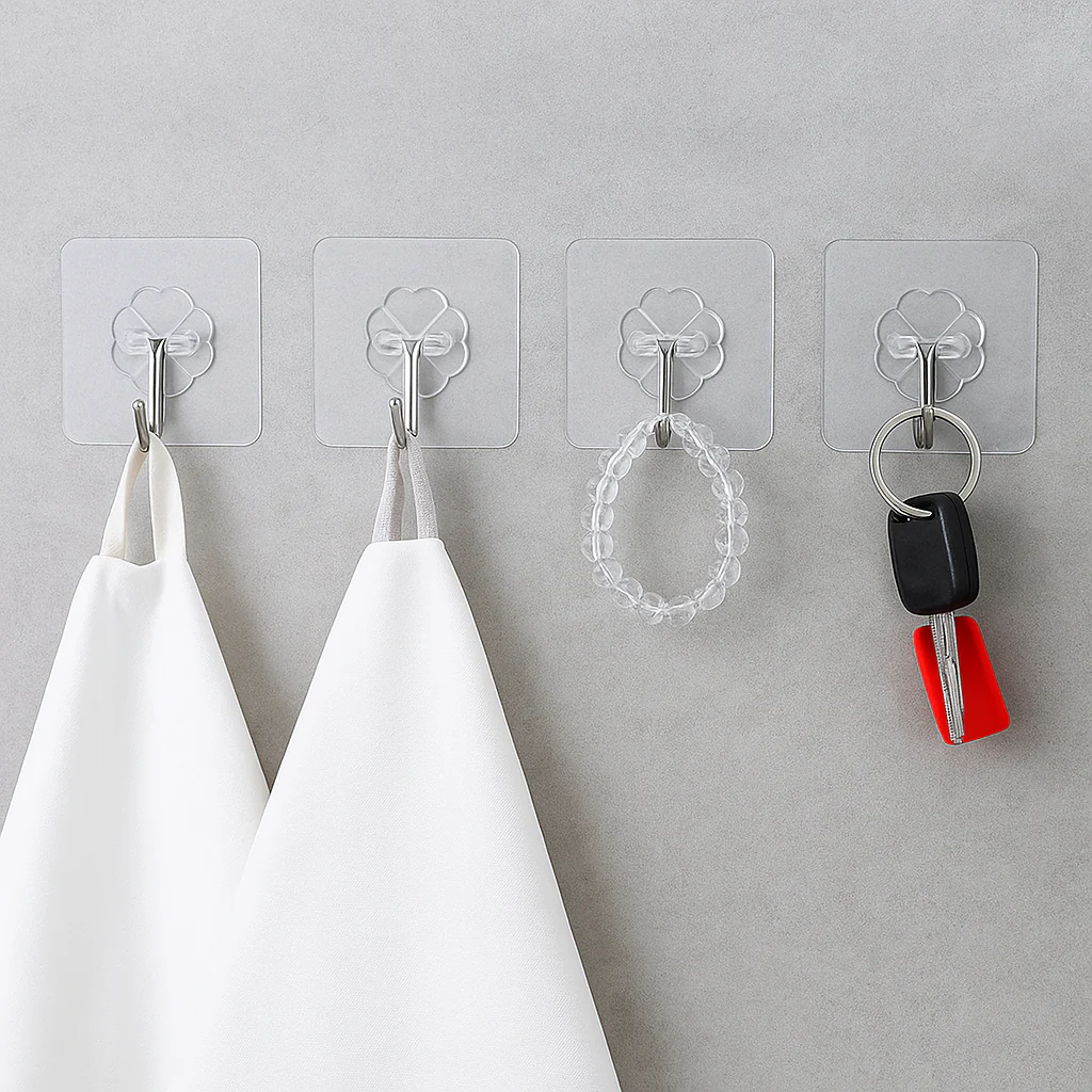 1Pc Self-Adhesive Plastic Wall Hooks – Heavy-Duty Transparent Hooks for Kitchen, Bathroom &amp; Office | Reusable Waterproof Wall Hangers (Set of 10)