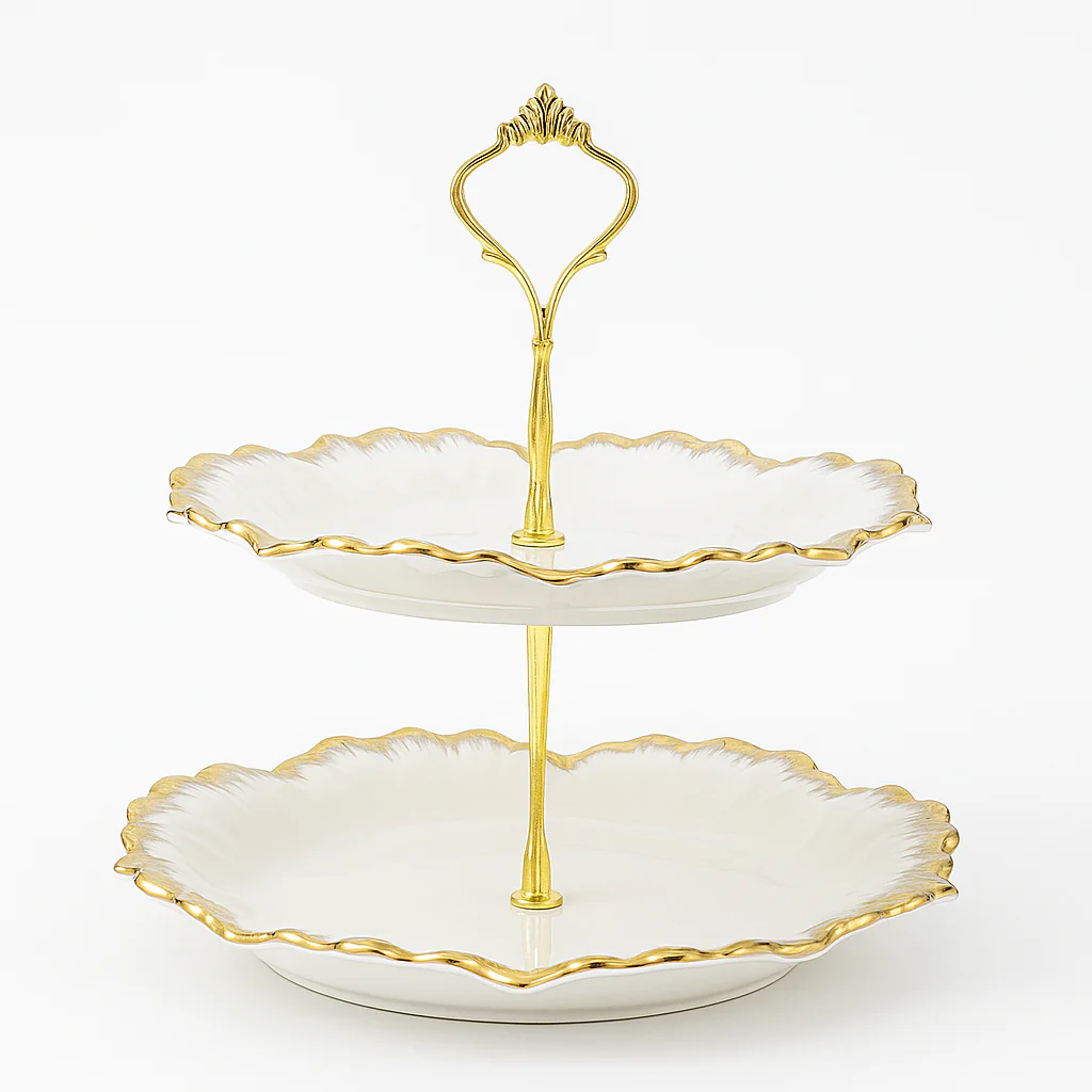 2-Tier Pastry Stand with Gold Trim – Elegant Dessert & Cupcake Display Tray - Image 2