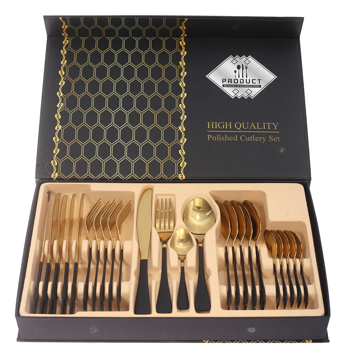24Pcs Cutlery Set Black & Gold 16 X 10 X 2.5 Inch WS-001