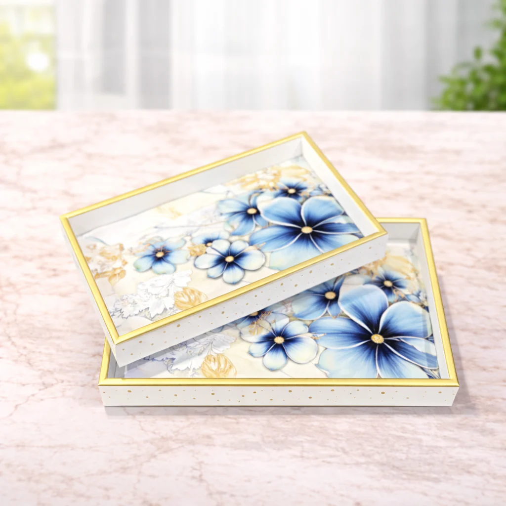 2Pcs Tray Set – Rectangular Serving Trays with Elegant Blue Floral Design