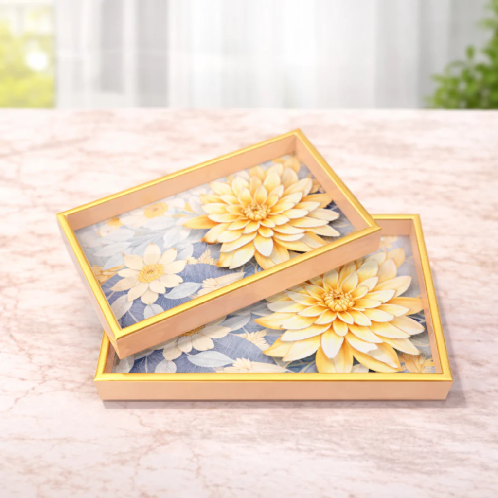 2Pcs Tray Set – Rectangular Serving Trays with Elegant Golden Floral Design