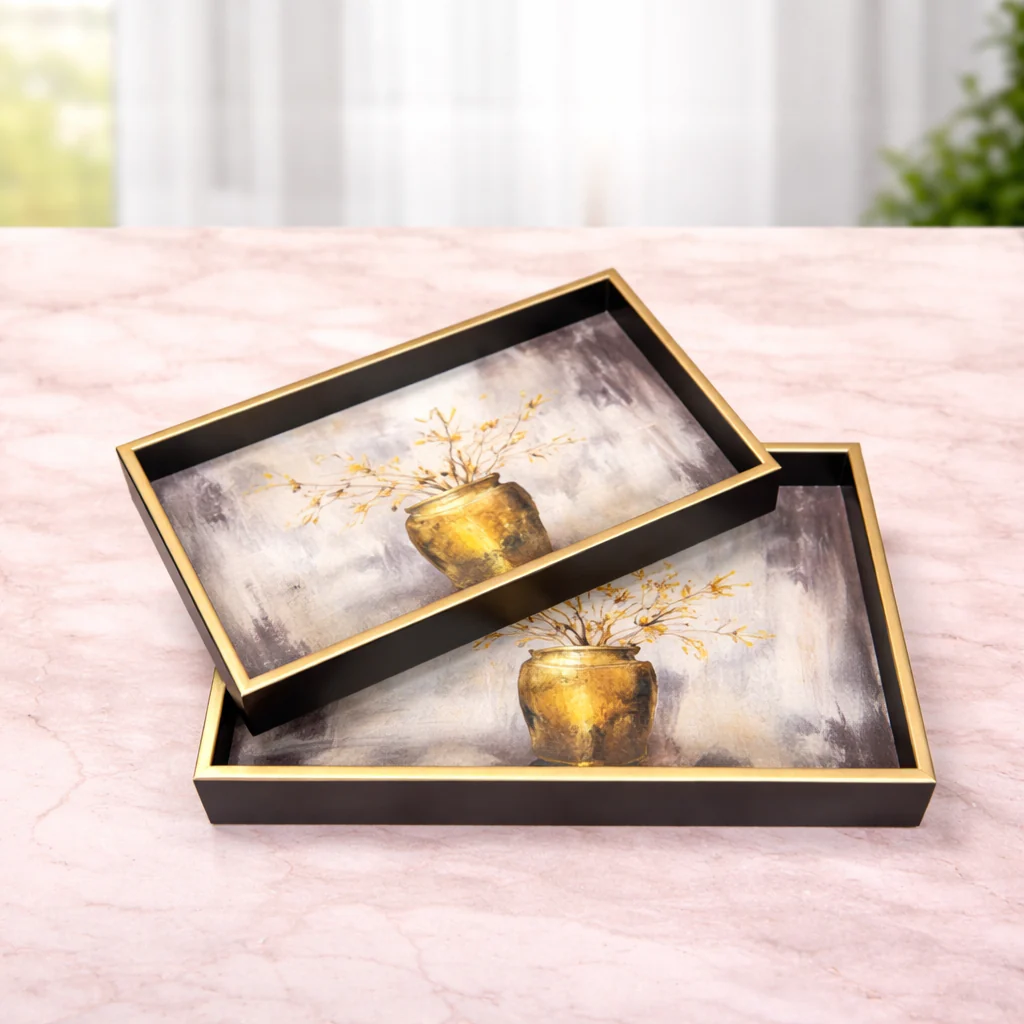 2Pcs Tray Set – Rectangular Serving Trays with Elegant Golden Vase Art Design
