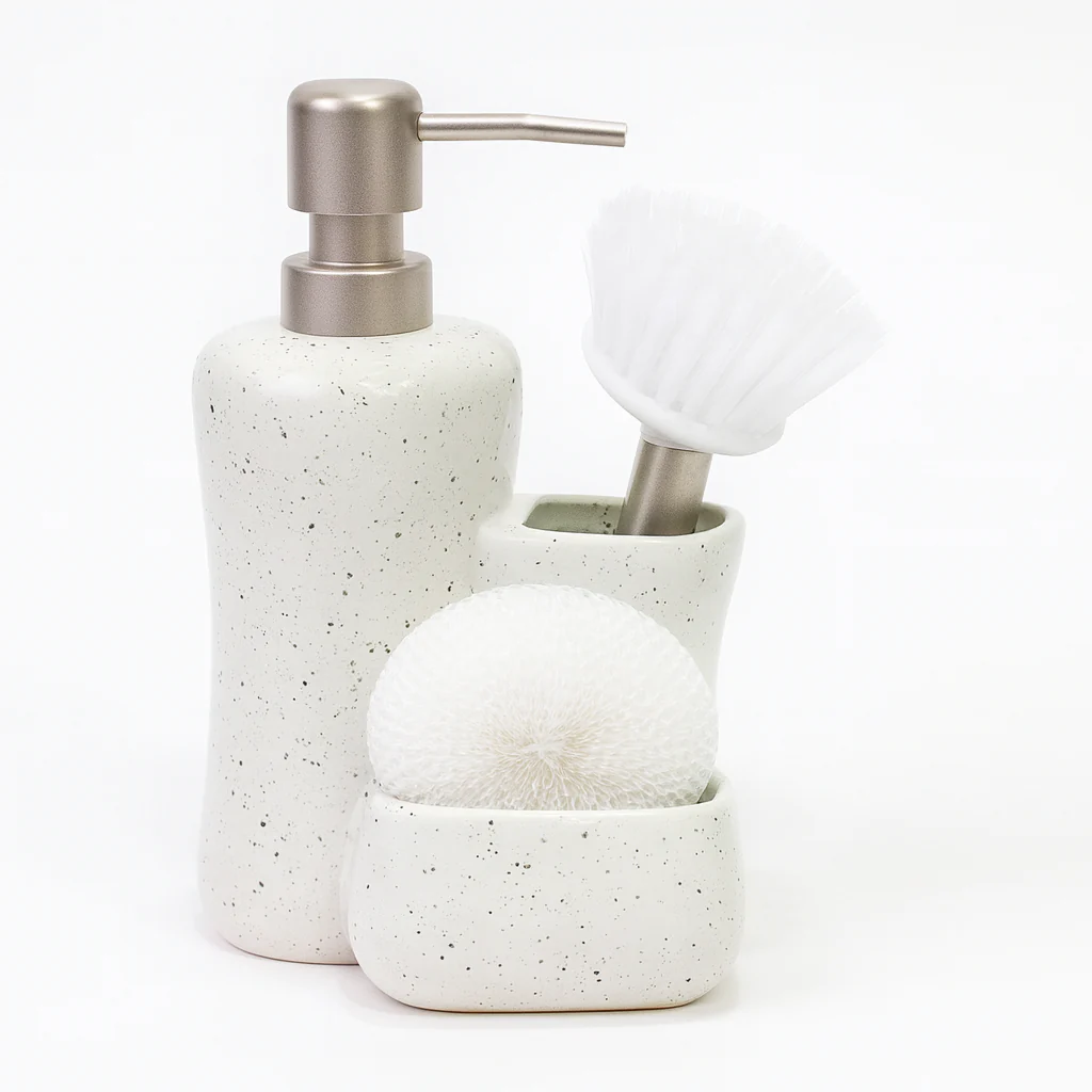 3 Pcs Attached Soap Dispenser Set with Holder – Ceramic Bathroom Accessory – 2 Colours - Image 2