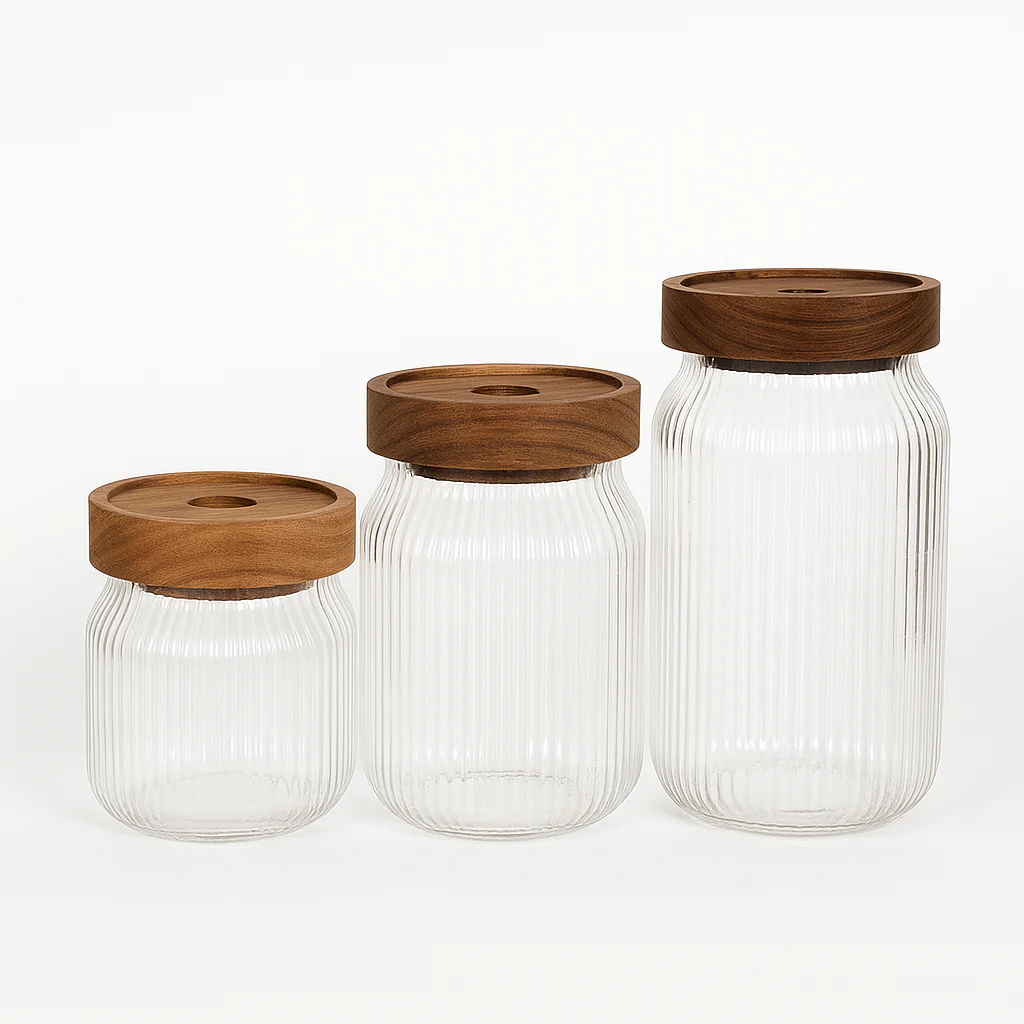 3 Pcs Glass Jar Set with Wooden Lid – Ribbed Airtight Kitchen Storage Containers (KDJ-03) - Image 2