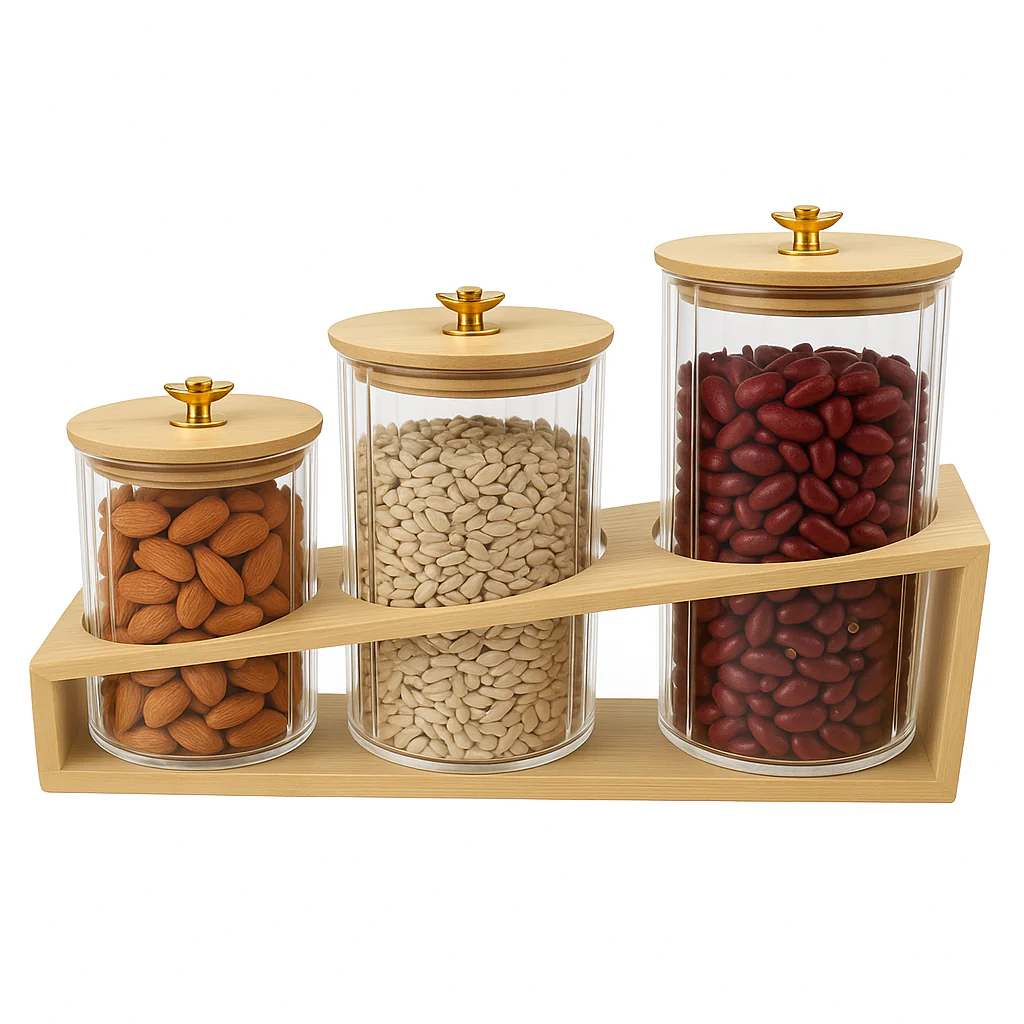 3 Pcs Glass Jar Set with Wooden Stand – Airtight Kitchen Storage Containers