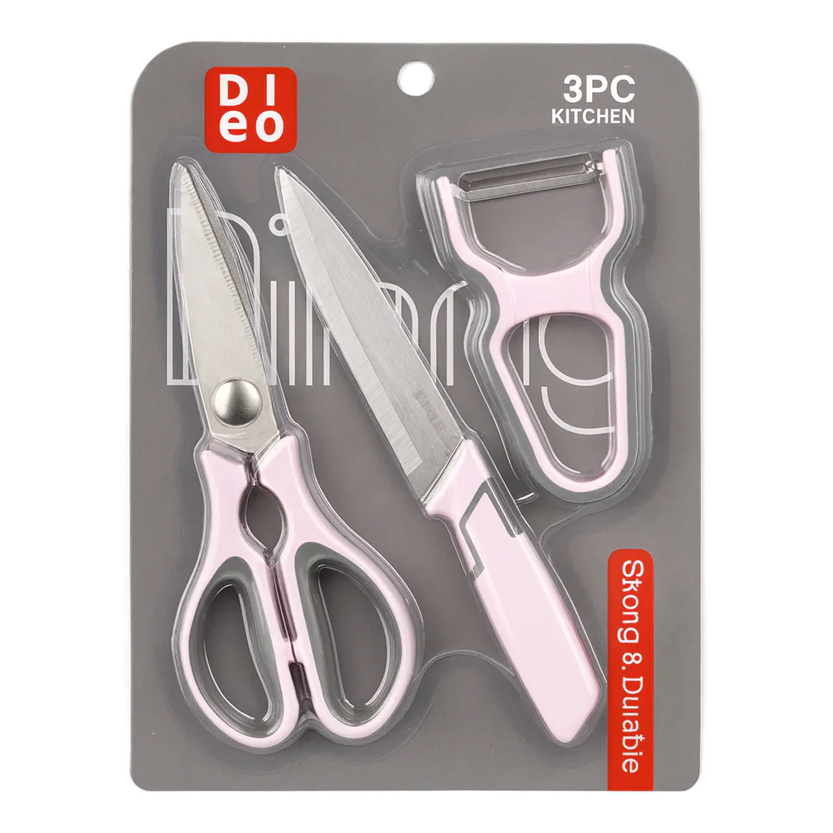 3 Pcs  Kitchen Knife, Scissors & Peeler Set – White, Green, Pink