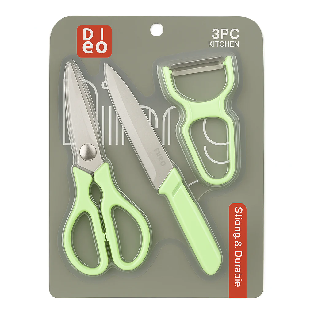 3 Pcs  Kitchen Knife, Scissors & Peeler Set – White, Green, Pink - Image 3