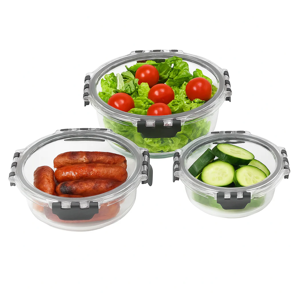 3 Pcs Round Glass Storage Container Set – 420ml, 650ml & 950ml – KD-06