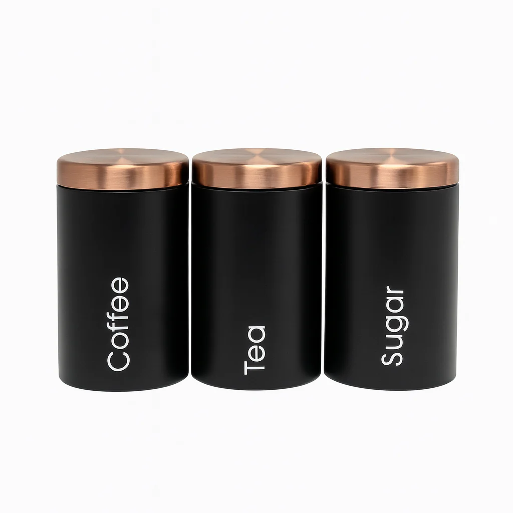 3-Piece Coffee, Tea & Sugar Tin Jar Set | Matte Black Airtight Containers with Metallic Lids | Modern Kitchen Storage Canisters