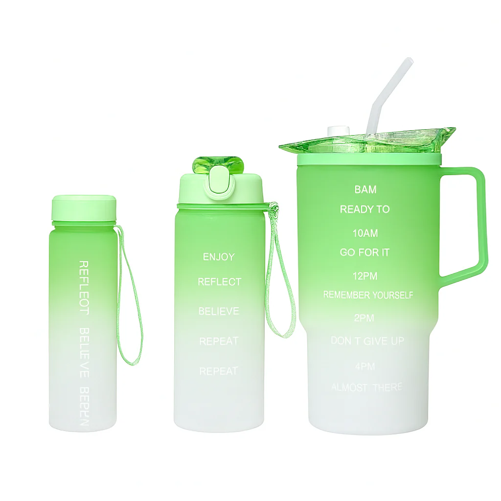 3-Piece Gradient Plastic Water Bottle Set – Leak-Proof Hydration Bottles in Purple, Pink, Blue & Green - Image 2