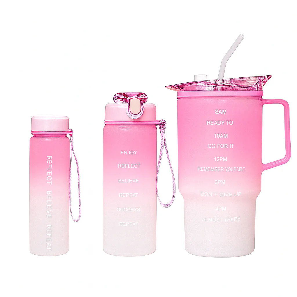 3-Piece Gradient Plastic Water Bottle Set – Leak-Proof Hydration Bottles in Purple, Pink, Blue & Green - Image 4