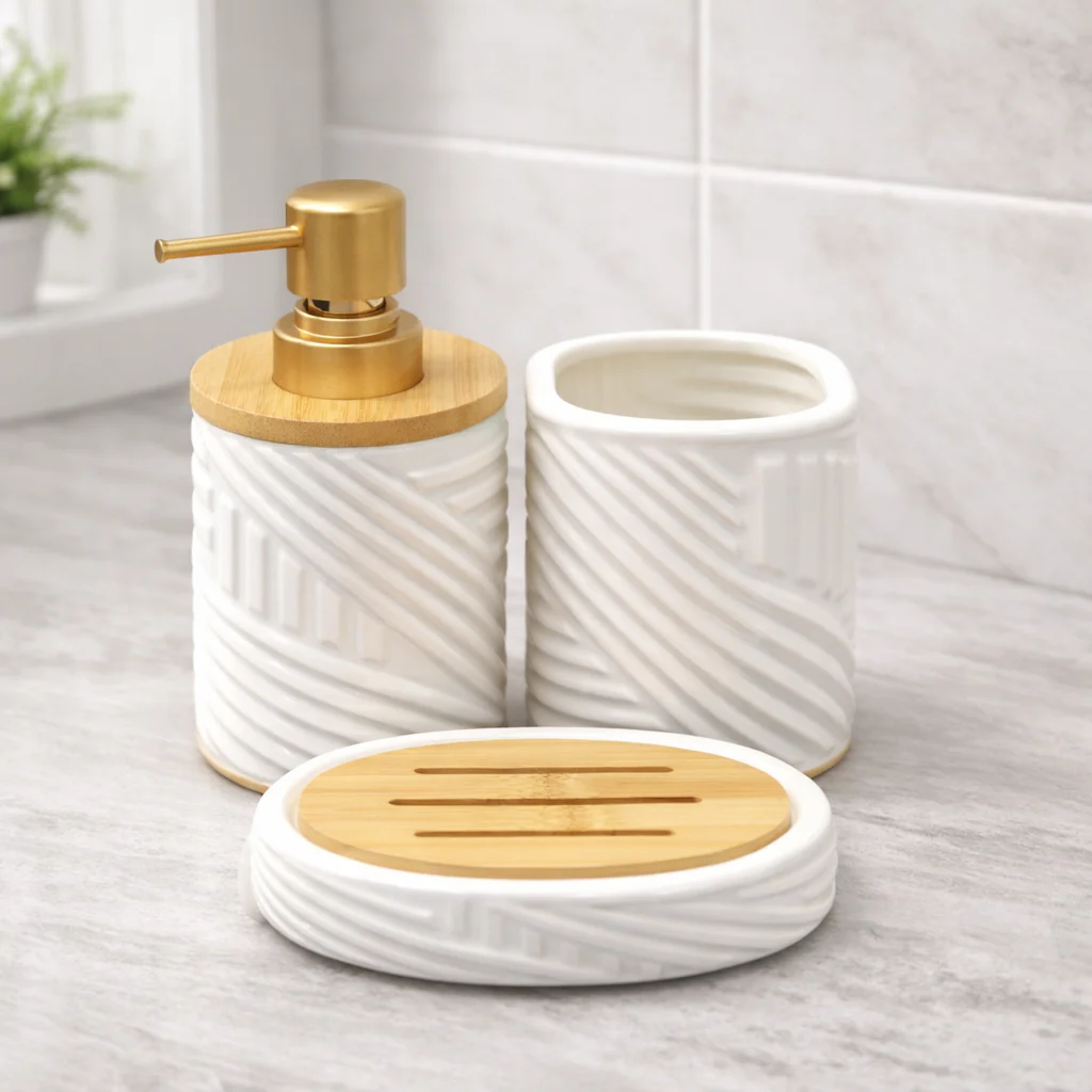 3-Piece Round Bathroom Accessories Set – Soap Dispenser, Toothbrush Holder & Soap Dish White & Black Color Options