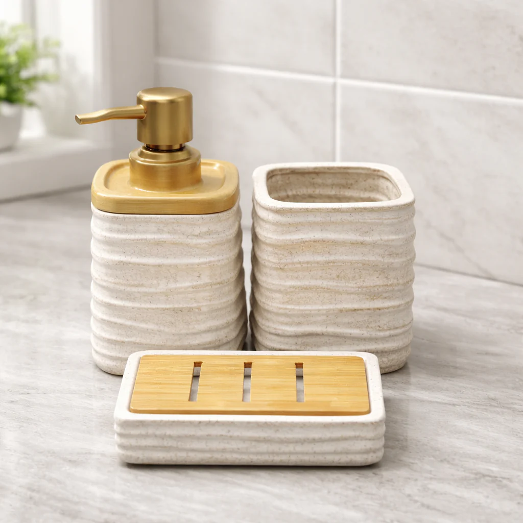 3-Piece Square Bathroom Accessories Set – Beige, Black & White Color Soap Dispenser, Toothbrush Holder & Soap Dish