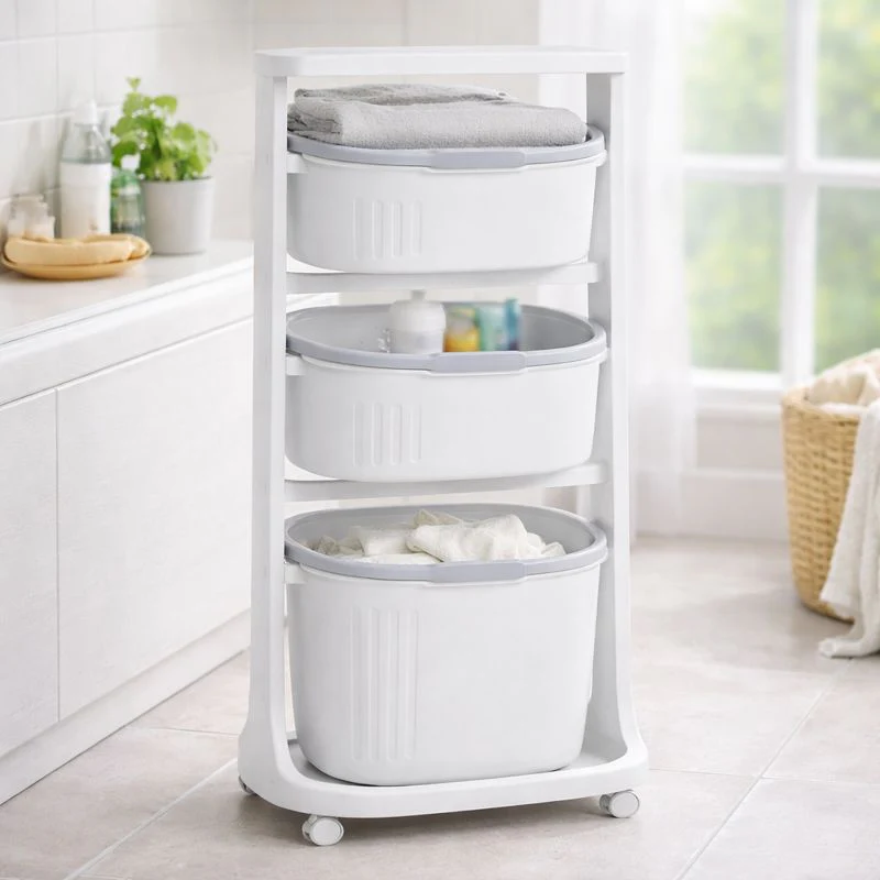 3 Tier Rolling Laundry Basket – Multi-Level Storage Organizer with Wheels (Grey)