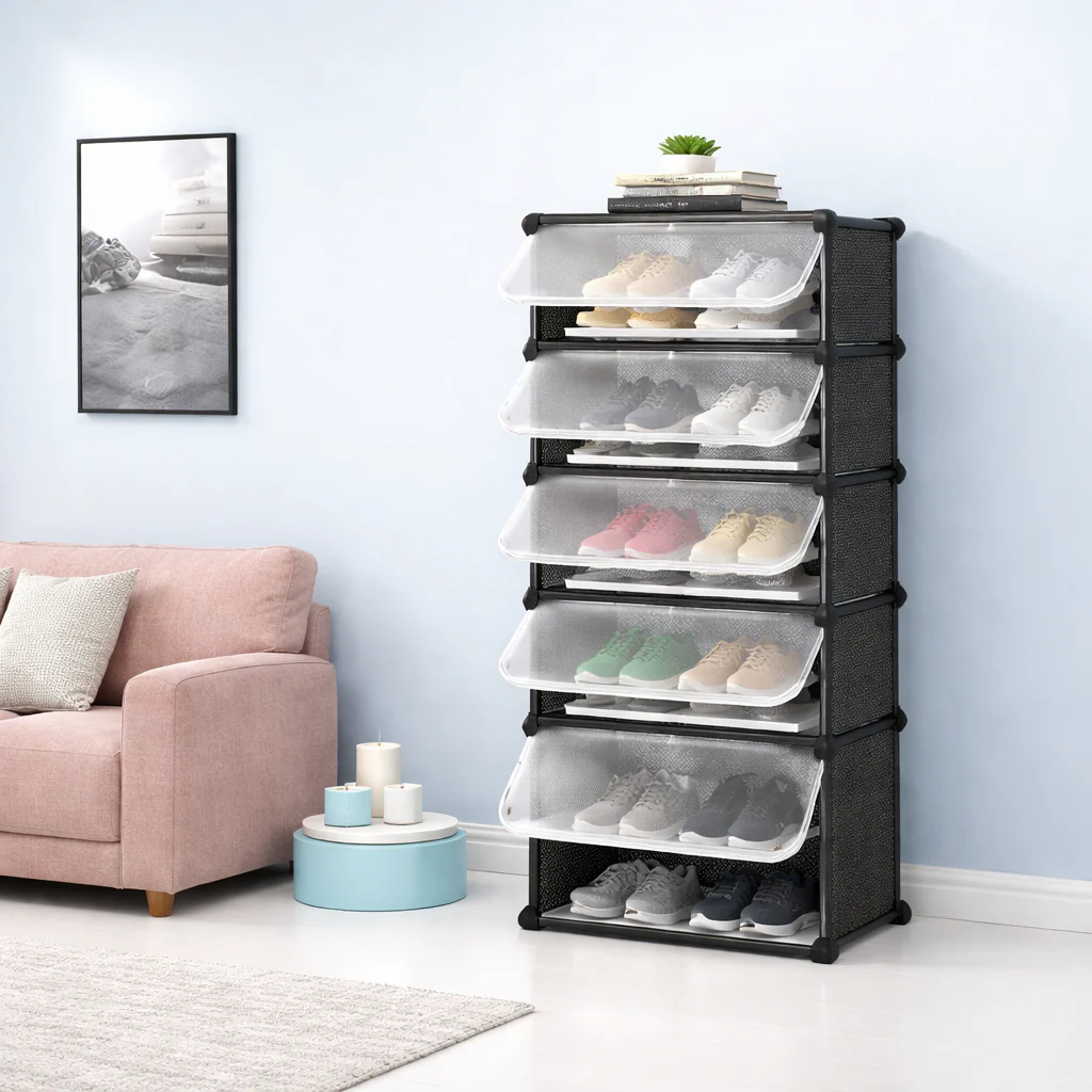 4-Layer Black Frosted Long Shoe Rack – Modern Storage Cabinet for Entryway