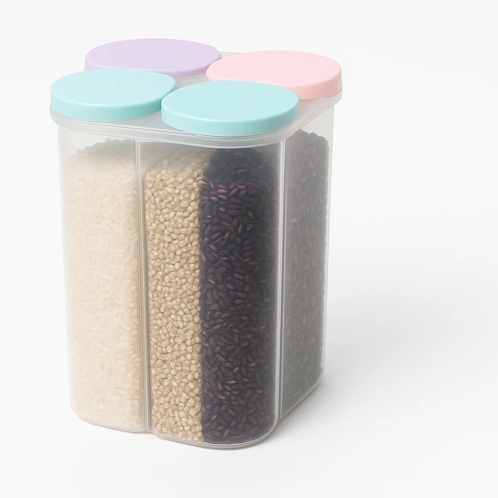 4-Partition Plastic Storage Jar – 2.3 Litre Airtight Food Container for Kitchen | Multi-Section Cereal, Grain &amp; Pulse Organizer