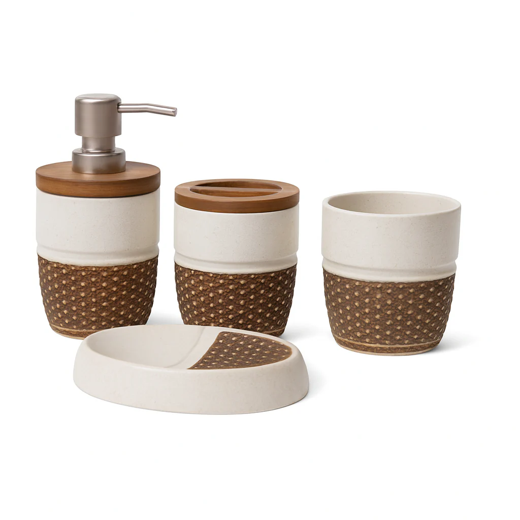 4 Pcs Bathroom Set – Soap Dispenser, Toothbrush Holder, Tumbler & Soap Dish – Ceramic Textured Design – 2 Colours Black and White - Image 2
