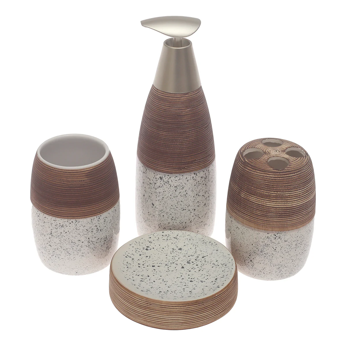 4 Pcs Modern Bathroom Accessory Set – Textured Brown & Stone Finish Soap Dispenser Set - Image 2