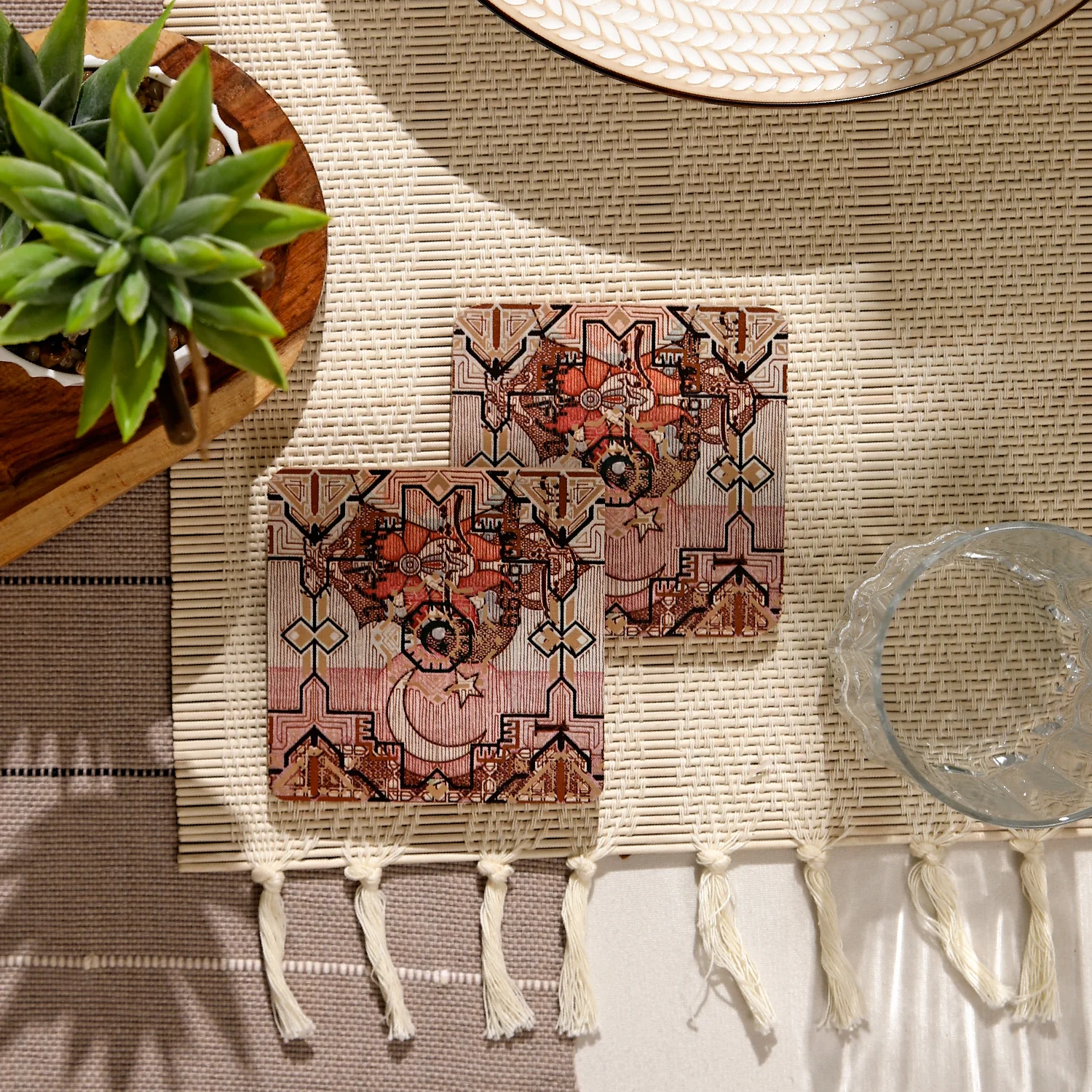4‑Piece Dawn Coaster Set – Printed Wooden Drink Mats