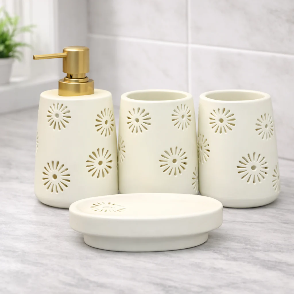 4-Piece Bathroom Accessories Set – Apple White Pattern Soap Dispenser, Toothbrush Holder & Soap Dish