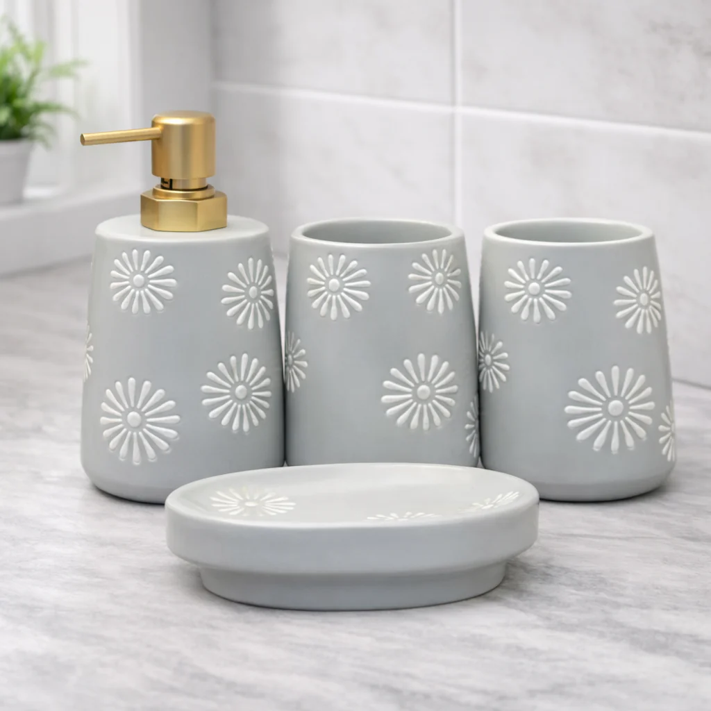 4-Piece Bathroom Accessories Set – Grey with White Floral Pattern Soap Dispenser, Toothbrush Holder & Soap Dish