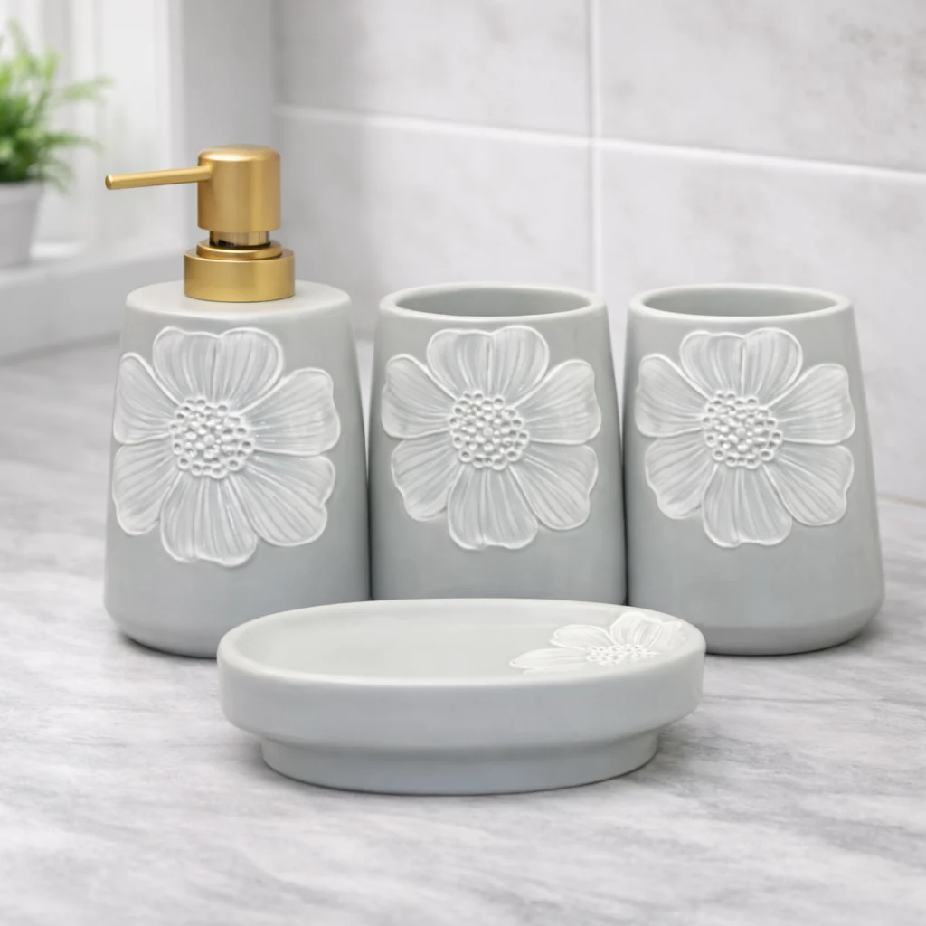 4-Piece Bathroom Accessories Set – Grey with White Flower Design Soap Dispenser, Toothbrush Holder & Soap Dish