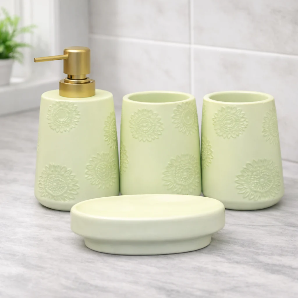 4-Piece Bathroom Accessories Set – Light Green Floral Pattern Soap Dispenser, Toothbrush Holder & Soap Dish