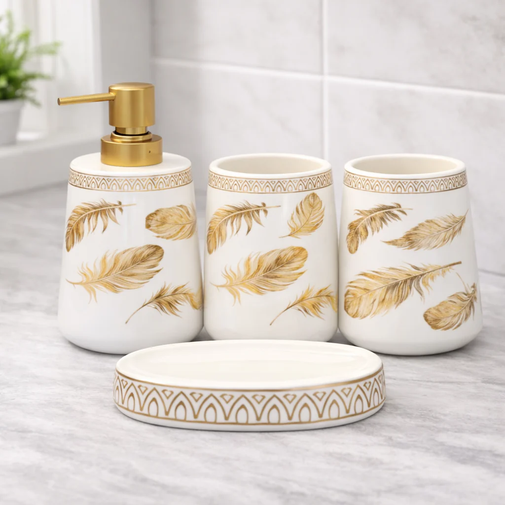 4-Piece Bathroom Accessories Set – White & Black with Gold Leaf Design Soap Dispenser, Toothbrush Holder & Soap Dish