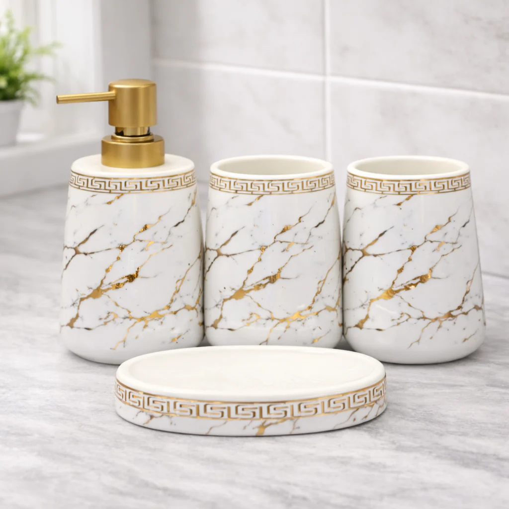4-Piece Bathroom Accessories Set – White & Black with Gold Leaf Design Soap Dispenser, Toothbrush Holder & Soap Dish (Copy)