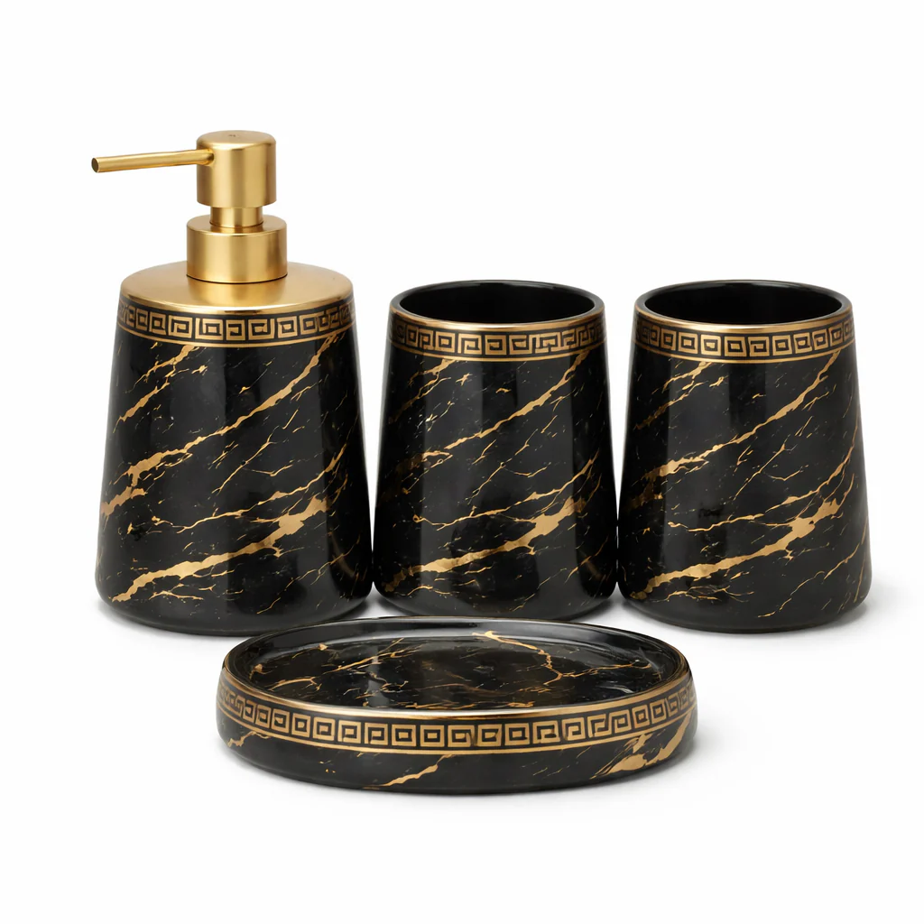 4-Piece Bathroom Accessories Set – White & Black with Gold Leaf Design Soap Dispenser, Toothbrush Holder & Soap Dish (Copy) - Image 2