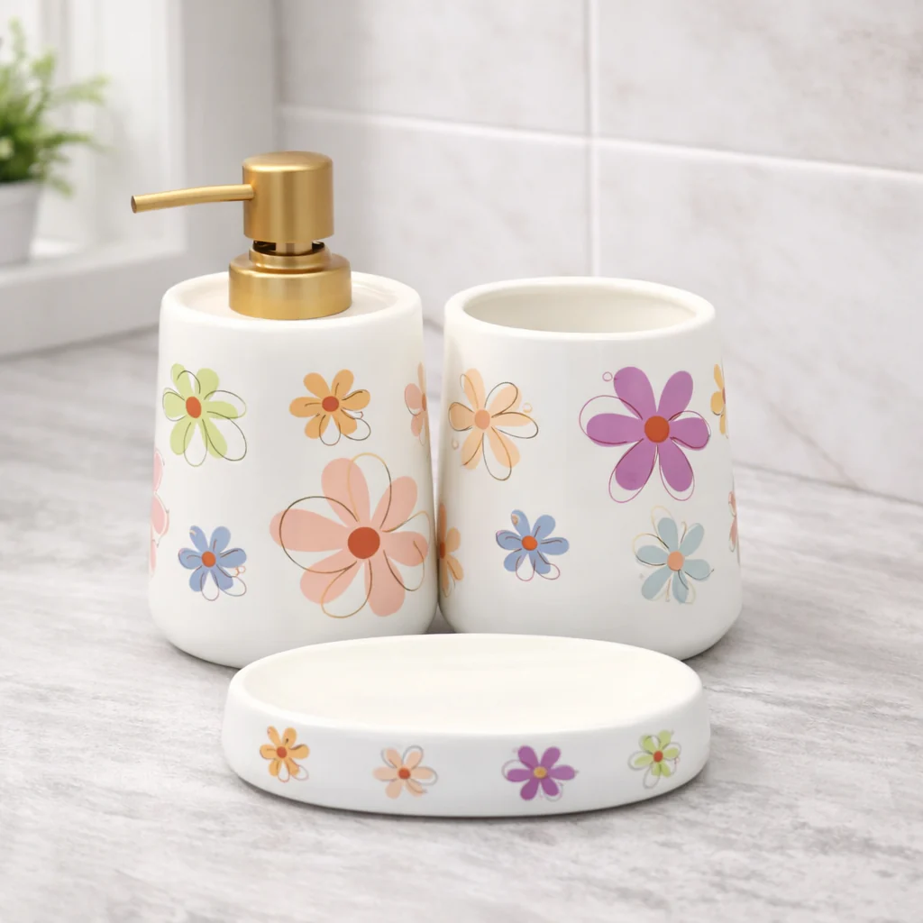 4-Piece Floral Bathroom Accessories Set – White Multi-Color Flower Soap Dispenser, Toothbrush Holder & Soap Dish