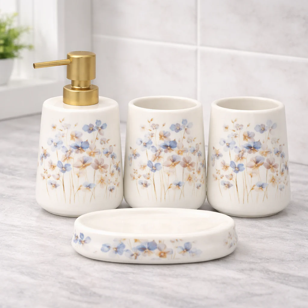 4-Piece Floral Bathroom Accessories Set – White with Blue Flower Design Soap Dispenser, Toothbrush Holder & Soap Dish