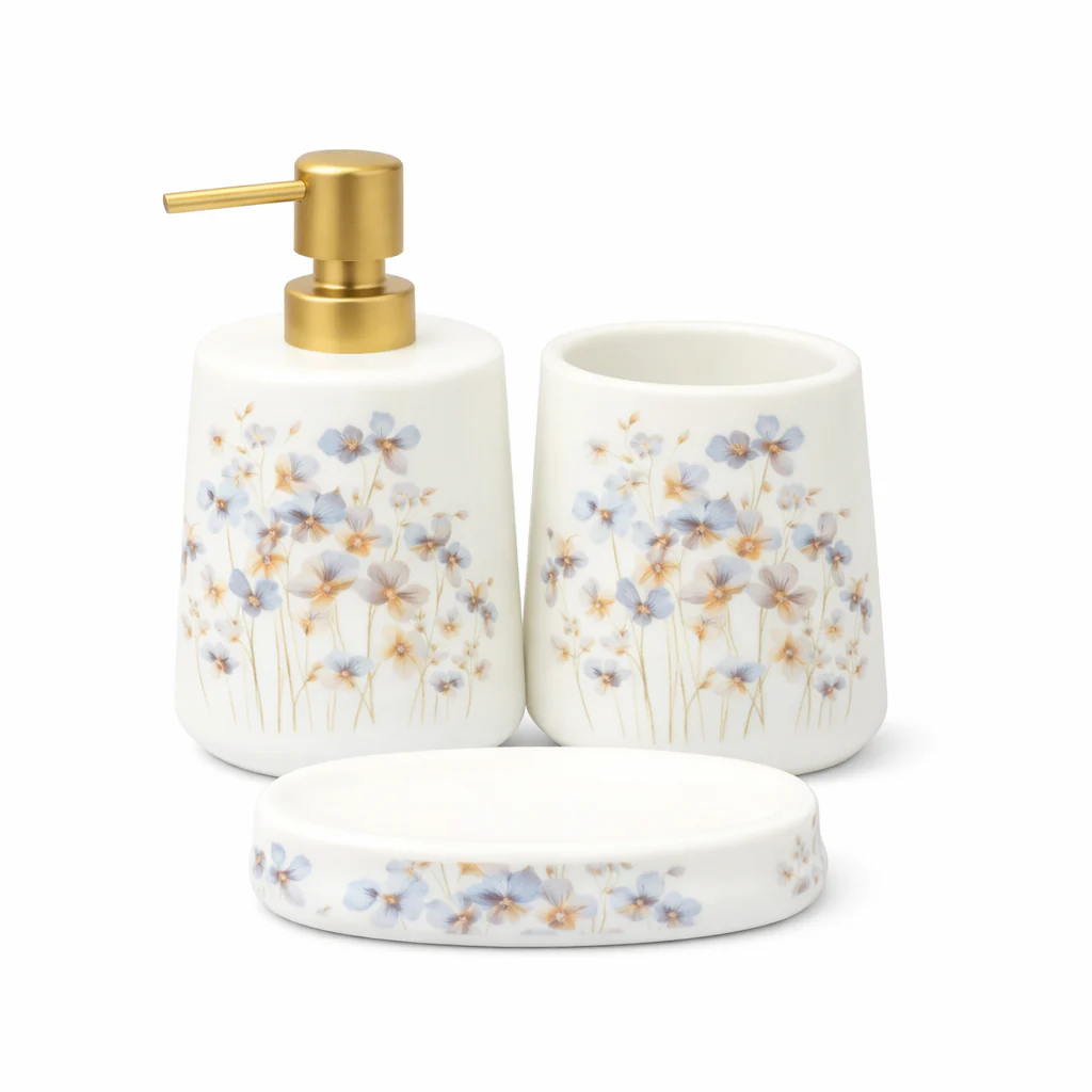 4-Piece Floral Bathroom Accessories Set – White with Blue Flower Design Soap Dispenser, Toothbrush Holder & Soap Dish - Image 2