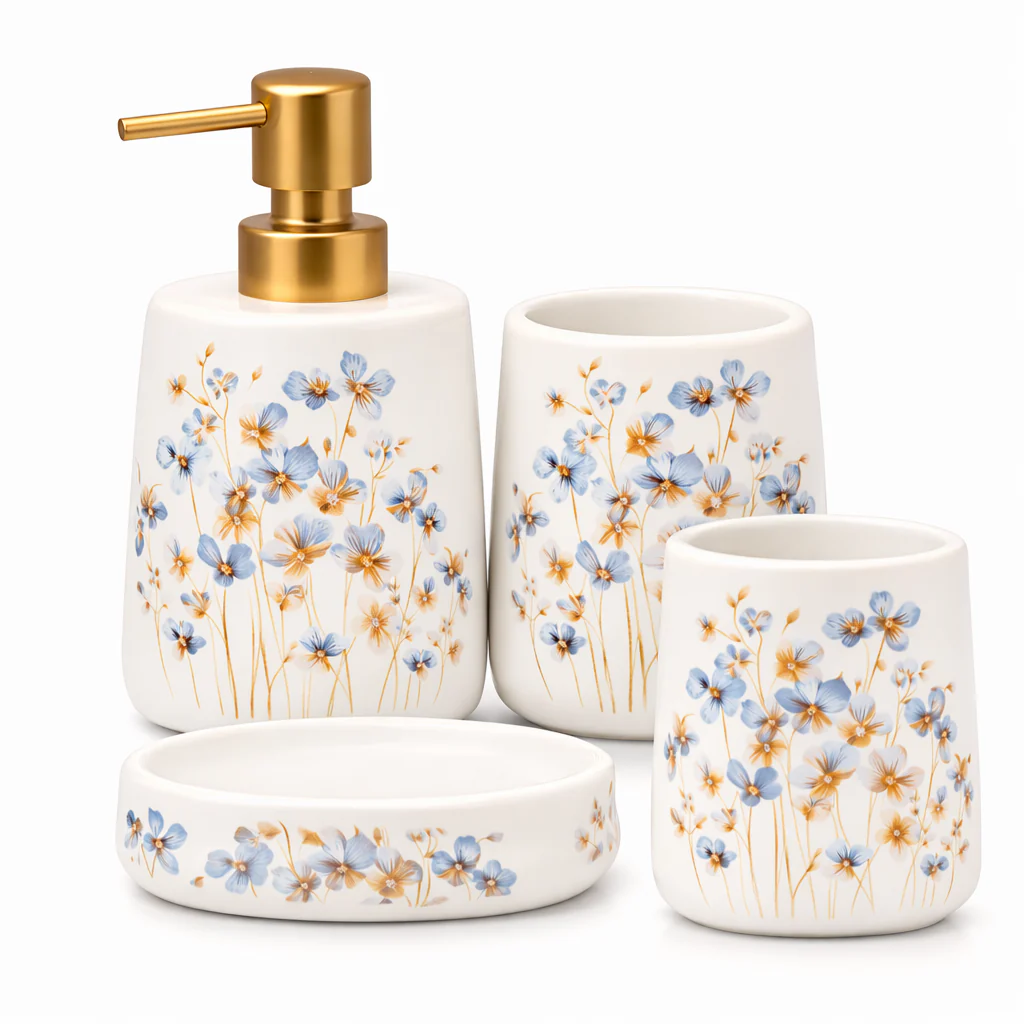 4-Piece Floral Bathroom Accessories Set – White with Blue Flower Design Soap Dispenser, Toothbrush Holder & Soap Dish - Image 3